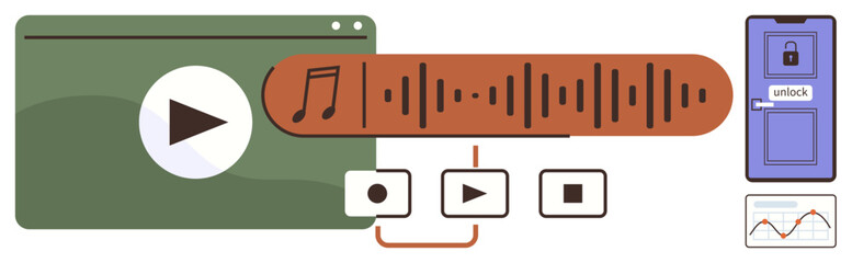 Media streaming interface with large play button, sound wave graphic with playback controls, locked door icon, and analytics chart. Ideal for media, music, security, technology, analytics streaming