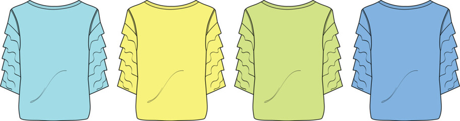 Flat-lay illustration of four long-sleeved tops in pastel colors with ruffled sleeves, presented from the back