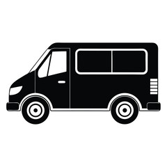 Side view shows the black van with two windows and round tires