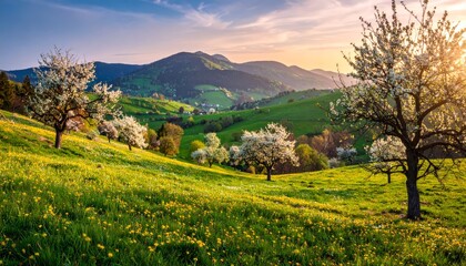 Obraz premium spring landscape with trees in the foreground and green hills covered by blooming flowers
