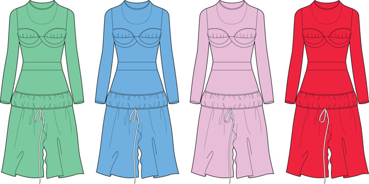 Fashion design collection featuring a technical flat sketch of a long-sleeve bustier dress with a ruffled skirt, presented in multiple color variations