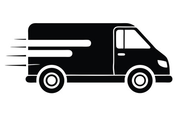Black silhouette of a delivery van moves fast with motion lines on white background