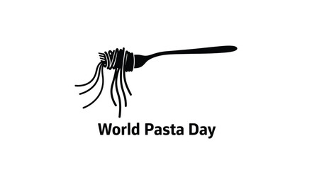 A simple black silhouette of pasta on a fork with text below