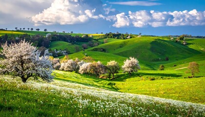 Obraz premium spring landscape with trees in the foreground and green hills covered by blooming flowers