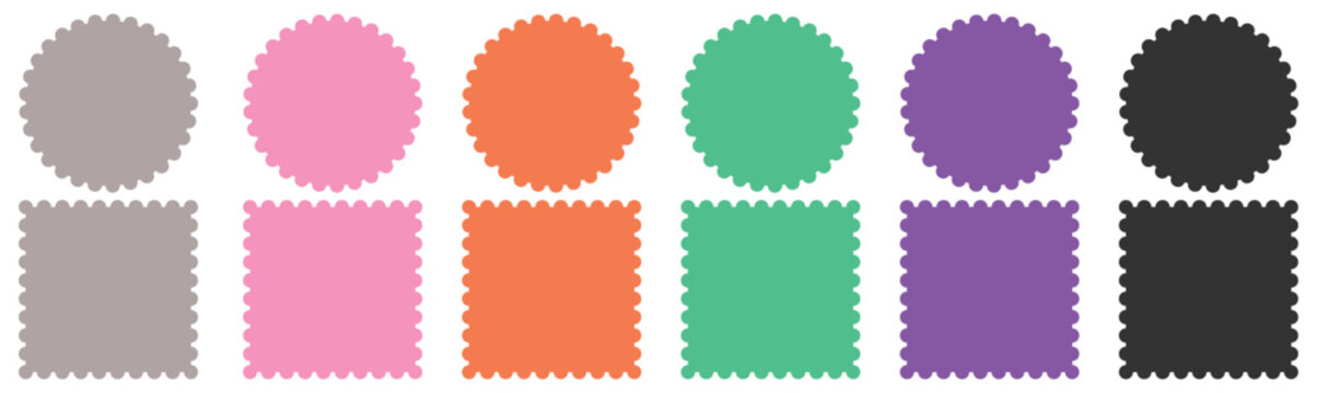 Set of blank rectangle and square Postage stamp frames. Postage stamp vector icons.Blank postage stamps borders vector set. Mockup postage stamps Postage stamp set, templates,Geometric shapes,scallop	