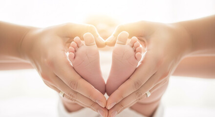 Baby feet held in heart shape by hands on a bright white background in a close up view