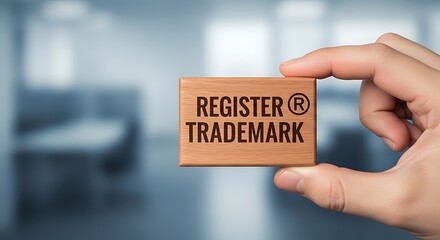 Wooden block with register trademark text held by fingers trademark symbol legal