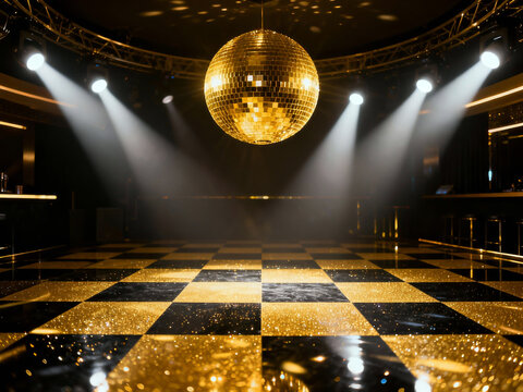 A glamorous nightclub with a gold disco ball hanging above a shiny black-and-gold checkered dance floor, illuminated by bright spotlights, graduation, 50th birthday, or new year's eve party invitation