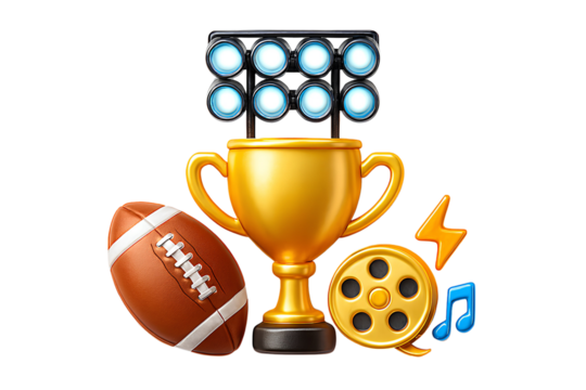 Sports and Entertainment Icons – Trophy, Football, Film Reel, Music Note, and Lightning Bolt in Emoji Style