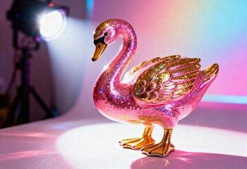A kitsch ceramic swan figurine covered in pink and gold glitter. Retro style object in a studio with colorful lighting and a spotlight