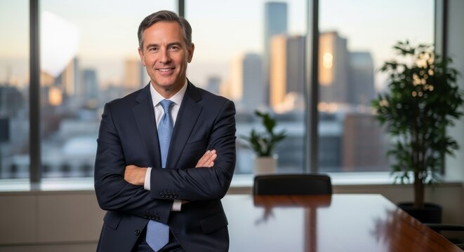 Confident businessman smiling in modern office with city skyline creating professional image for corporate communications