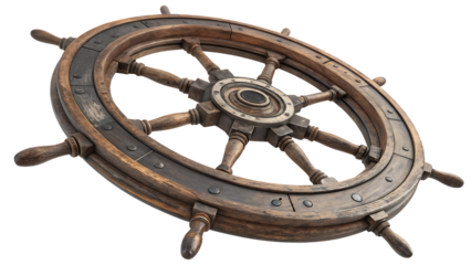 Steering wheel of a ship cut out on PNG, isolated on white background. AI GENERATED.
