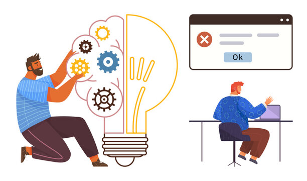 Person assembling light bulb with gears, symbolizing innovation. Other person fixes computer issue. Ideal for teamwork, creativity, troubleshooting, innovation, problem-solving, technology workflow