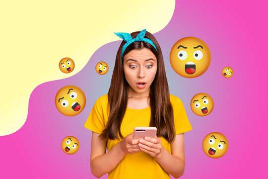 Collage of person surrounded by floating emoji icons expressing fun and different emotions happy joy angry oops lol