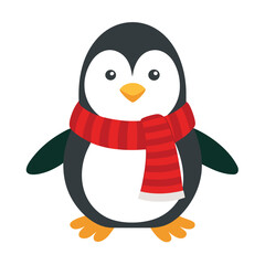 Festive Penguin Flat Vector Icon, Adorable Bird with Scarf & Mittens in Christmas Colors for Holiday Apps and Winter Websites.