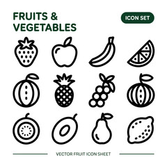 Playful Outline Fruit Icon Sheet — Fruits & Vegetables Mono‑Line SVG Icon Set