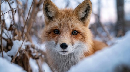 Obraz premium Closeup portrait of a red fox in the snow, looking directly at camera