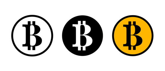 Bitcoin Icon represents cryptocurrency, digital money, and blockchain technology in stroke, filled, and colored styles. Perfect for fintech, trading, and investment design use.