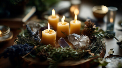 Overhead view of candle circle with crystals and herbs no people visible ritual magic wiccan ceremony spiritual practice sacred circle candle magic altar setup mystical arr