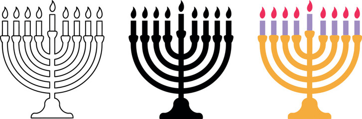 Hanukkah menorah illustrations in black outline and full color representation