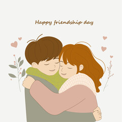 Happy friendship card flat vector illustration boy and girl holding, positive emotion