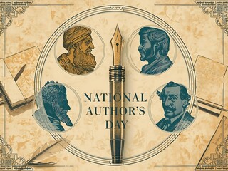 Illustration of national authors day with fountain pen and portraits of famous authors on beige paper