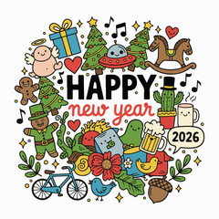 Happy New Year 2026 Doodle Illustration &mdash; Cute Holiday Elements and Festive Symbols