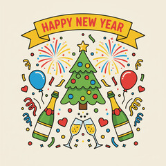 Happy New Year Celebration with Christmas Tree, Fireworks, and Champagne &mdash; Festive Holiday Illustration