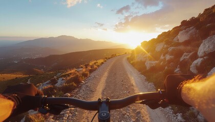 First-person view of a person riding a mountain bike on a dirt road at sunset