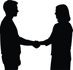 Businessmen Handshake Silhouette, Professional Agreement Vector. silhouette of business people  man and woman shaking hands