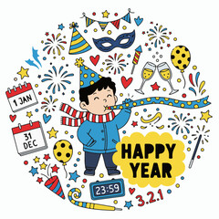 Happy New Year Celebration Illustration — Boy with Party Hat, Fireworks, and Festive Decorations