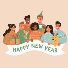 Happy New Year Celebration with Friends and Dog &mdash; Cozy Winter Holiday Illustration