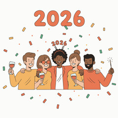 Happy New Year 2026 Celebration with Friends and Confetti &mdash; Festive Party Illustration