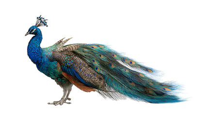 peacock with open feathers isolated on a white background