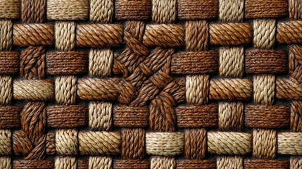 Detailed Macro of Handwoven Natural Fibers: Rich Brown and Golden Beige Interlocking Texture