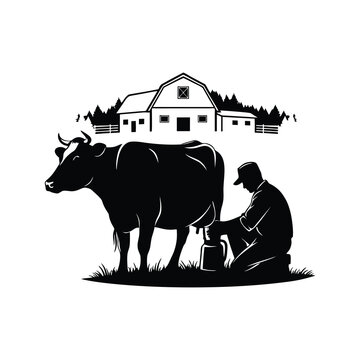 silhouette of a man milking a cow with a farm silhouette background