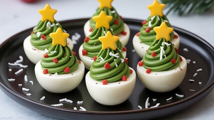 Obraz premium Christmas tree deviled eggs appetizer on a black plate for holiday party