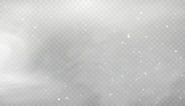 Winter snowstorm effect with snow, cold wind effect, soft fog and small snow particles on transparent background; winter Christmas design element.