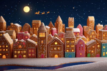Gingerbread city at night with santa claus flying over the rooftops