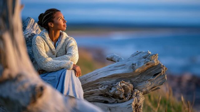 Lonely woman leaning against a driftwood log by the ocean, summer daylight casting gentle glow, her distant gaze toward the horizon symbolizing vacation escape from daily work