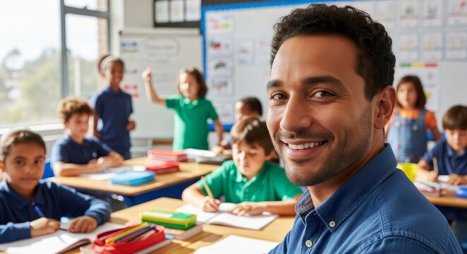Dedicated teacher smiles as diverse students learn in bright classroom, fostering academic success and growth