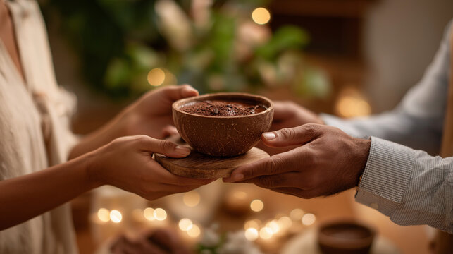 Hands passing cacao cup in ceremony circle faces not shown group ritual spiritual gathering cacao ceremony heart opening plant medicine sacred circle community practice def
