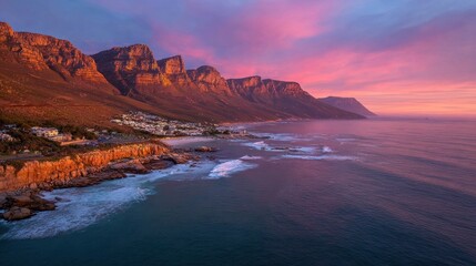 Fototapeta premium Vibrant Sunset Over Twelve Apostles Mountains and Camps Bay Coast, Cape Town
