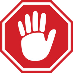 Obraz premium Red stop sign with white hand representing halt and prohibition concept