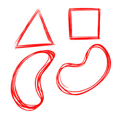 Four hand-drawn red shapes: a triangle, a square, and two organic, bean-like forms, on a white background.