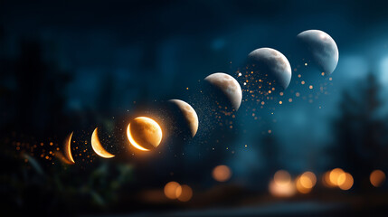 Moon phases with stars on night sky background no faces visible celestial calendar lunar cycle astrological timing cosmic phases spiritual symbolism astronomical pattern def