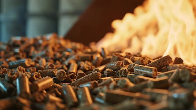 Wood pellets stacked near an intense flame at a biomass processing facility in a rural setting during daytime operations