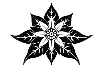 Decorative flower with detailed petals and pointed leaves displays black and white contrast elegantly