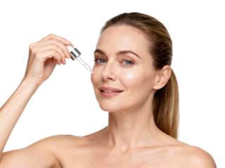Mature Woman Applying Serum to Face on White