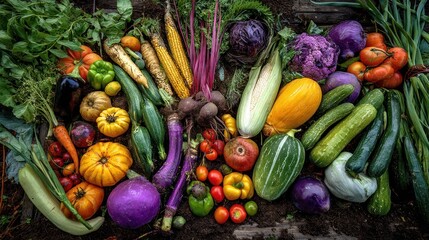 Abundant Harvest: Colorful Variety of Fresh Vegetables on Dark Soil, Rustic Still Life